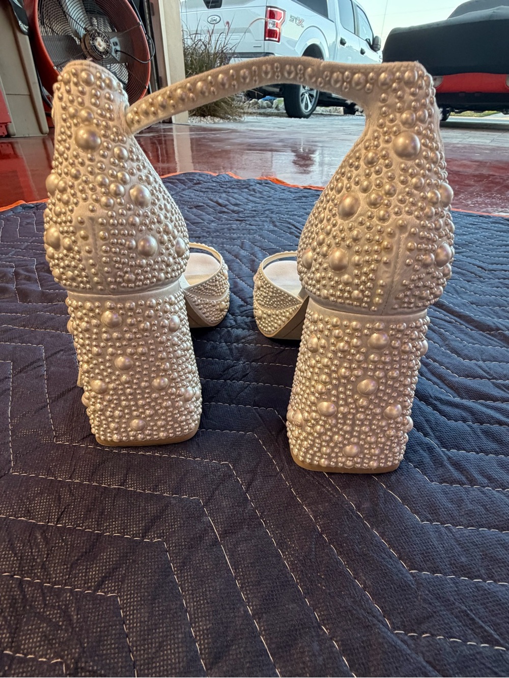 Dolce Vita Pearl-Embellished Ivory Block Heels